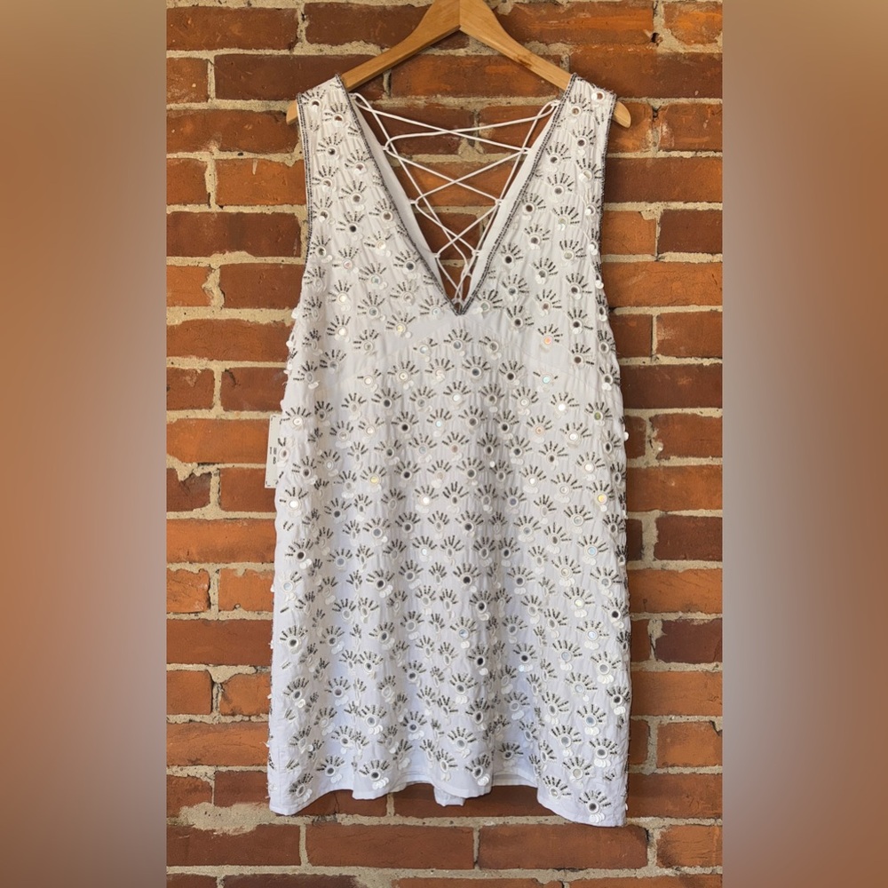 Free People White Mini Dress with Lace-Up Back